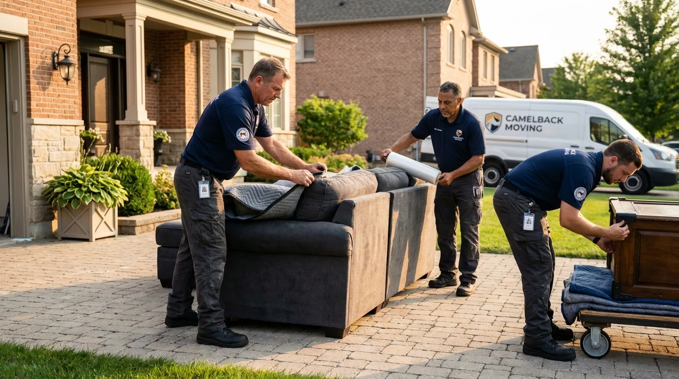 Large estate moving crew wrapping furniture in North Babylon, NY