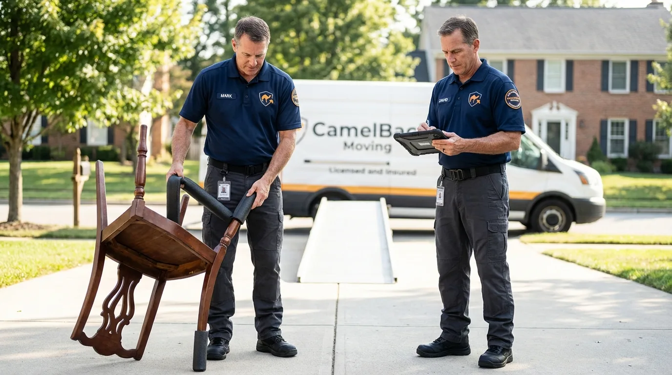 Movers inspecting furniture for damage prevention before loading in North Babylon, NY