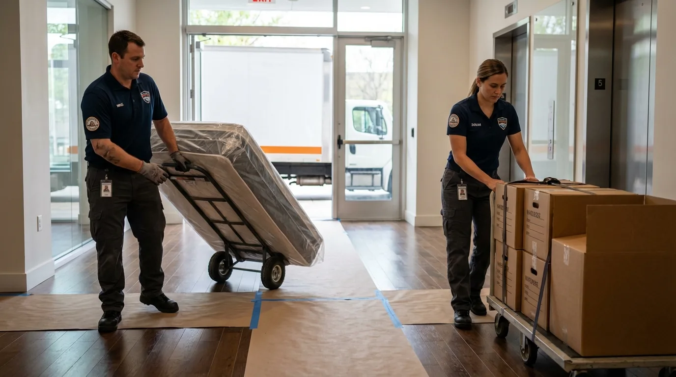 Professional apartment movers loading elevator in North Babylon, NY