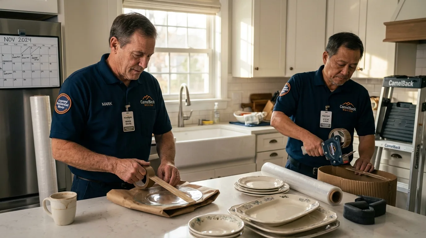 Professional crew packing kitchen dishware in North Babylon, NY